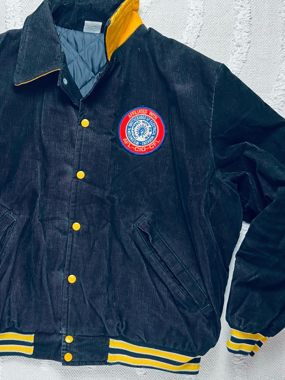 Vintage Birdie Corduroy Varsity Work Jacket – Black & Yellow – Size XL